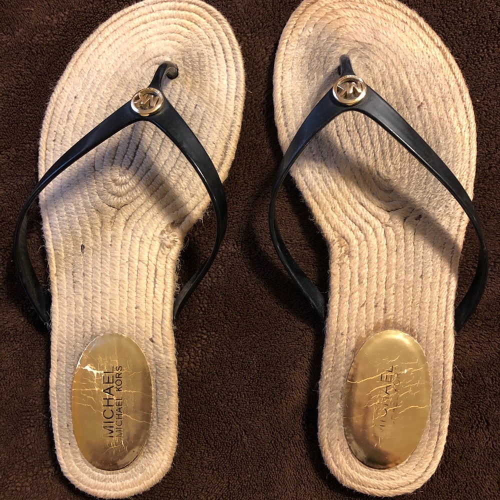 Michael Kors black leather & espadrille flip-flop
